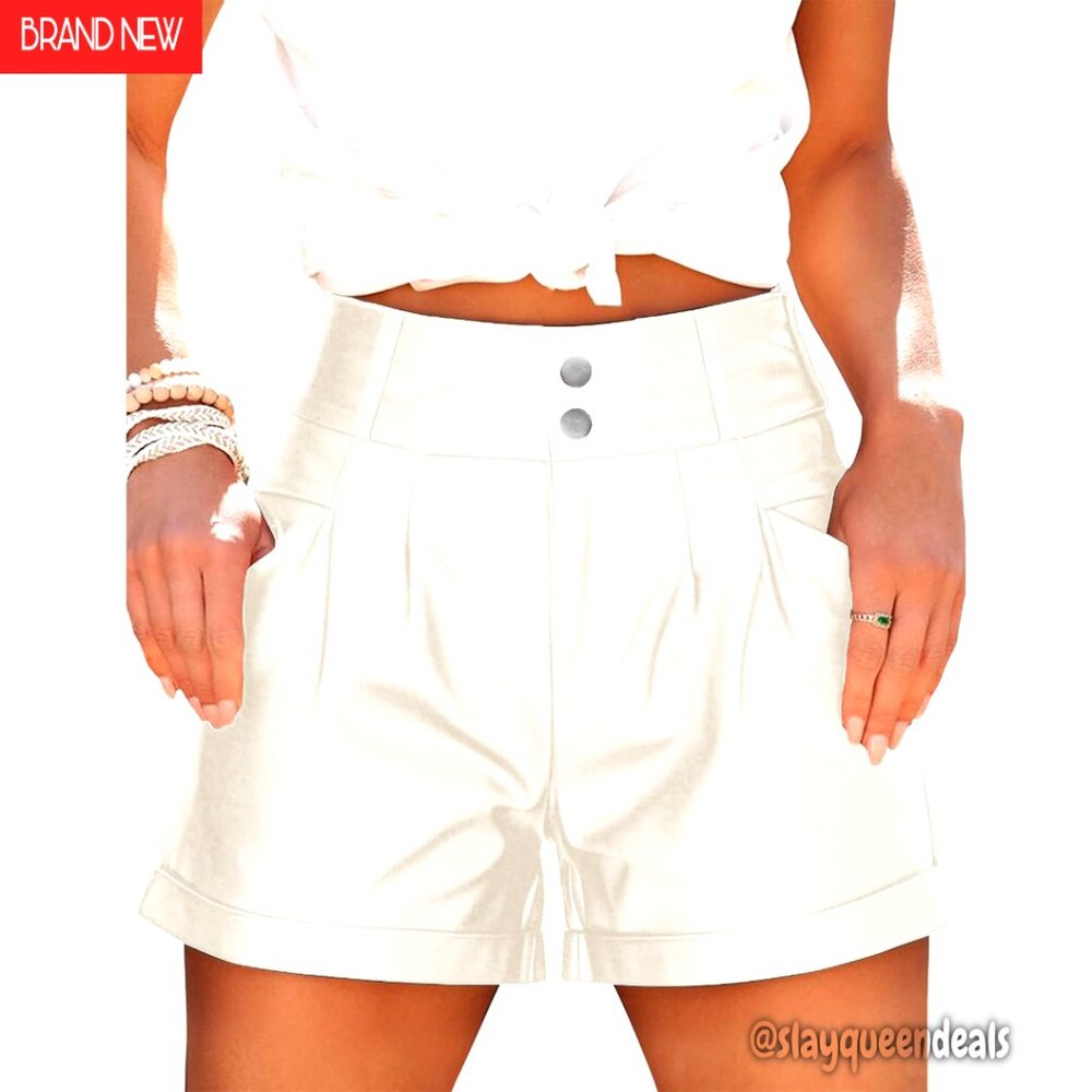 Faux Leather High Waist Shorts With Pockets, Pleated Wide Leg Design